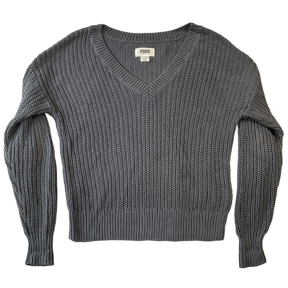 PINK Victoria's Secret Women Sweater Size XS Gray Long Sleeve V-neck 100% Cotton